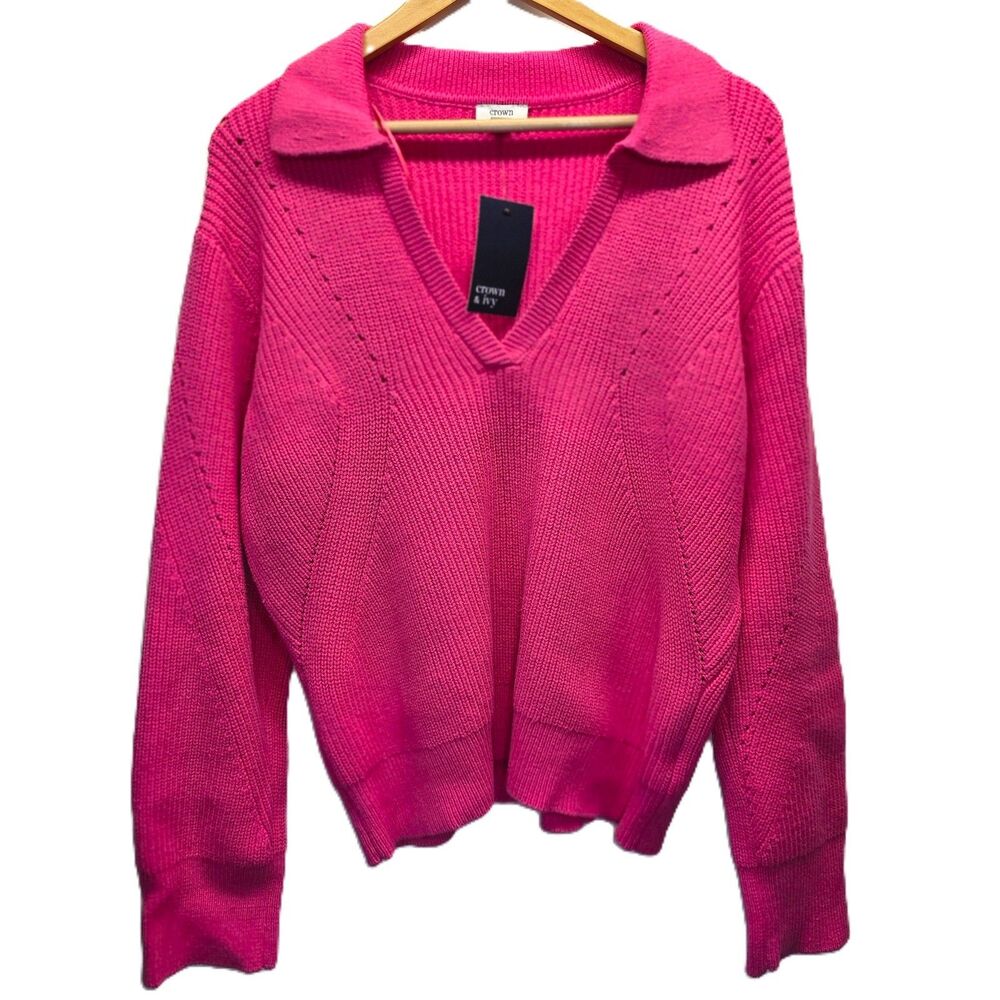 Crown & Ivy Womens XL Pink Collared V-Neck Knit Sweater New With Tags